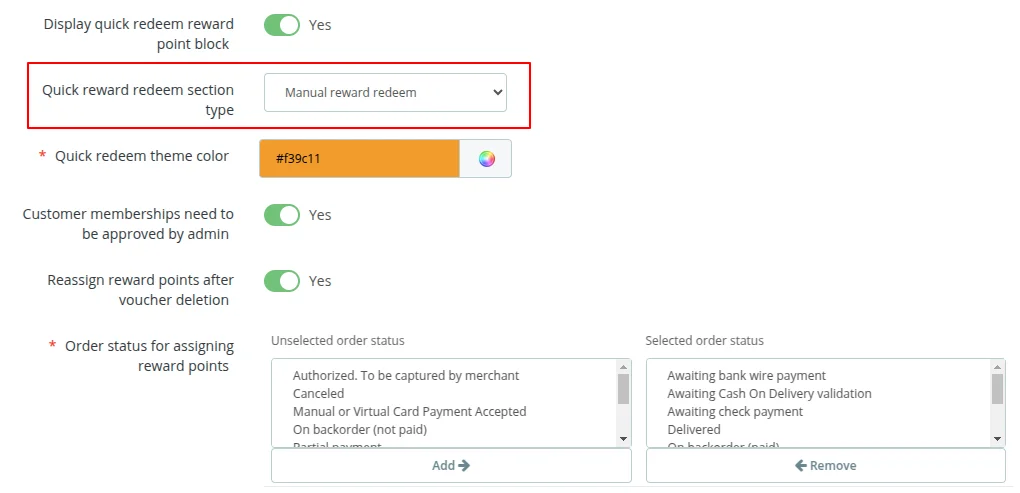 reward redeem section