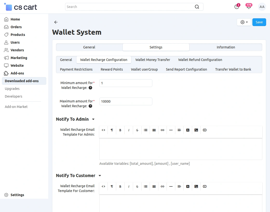 wallet recharge configuration
