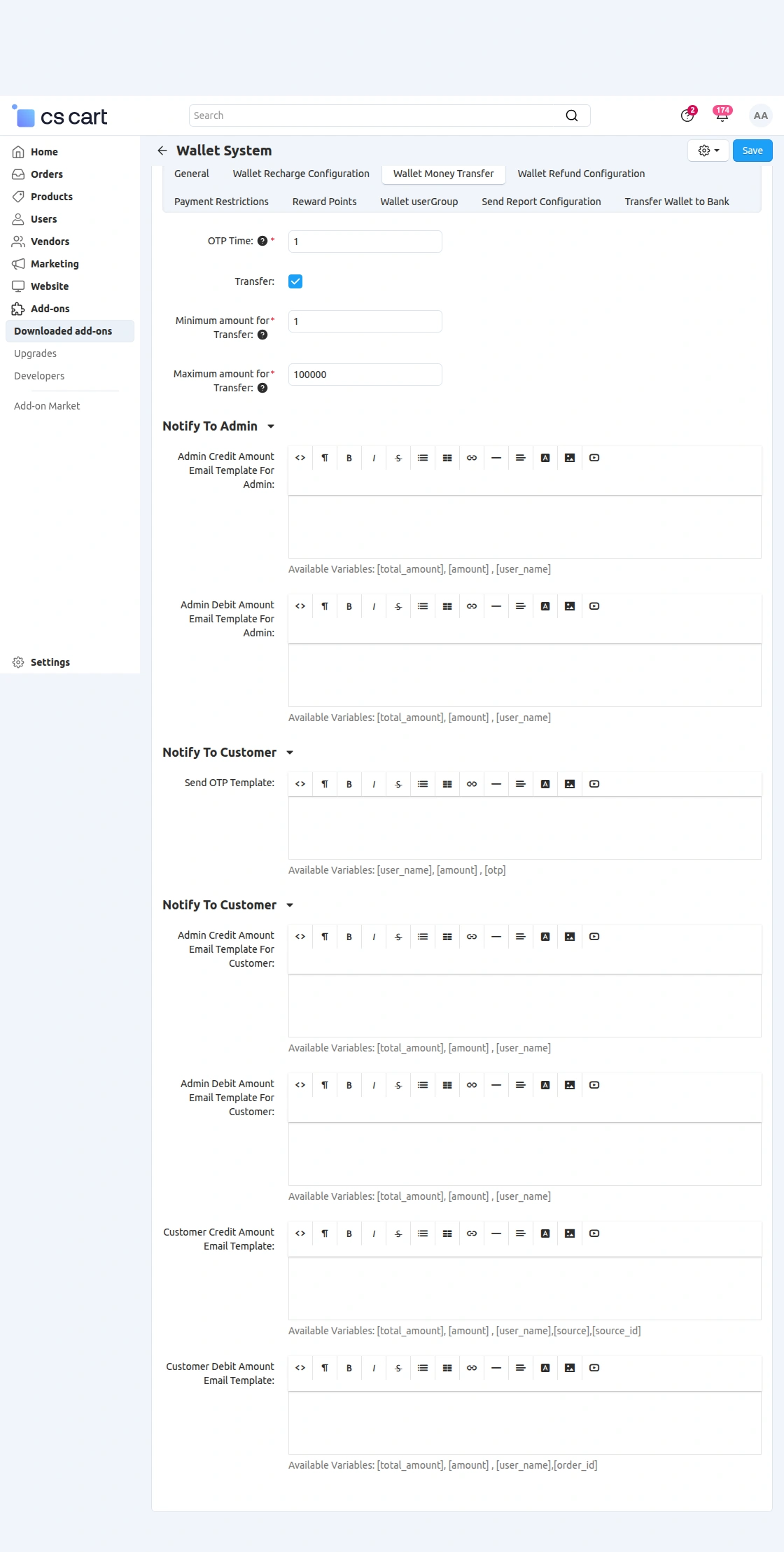 wallet money transfer configuration