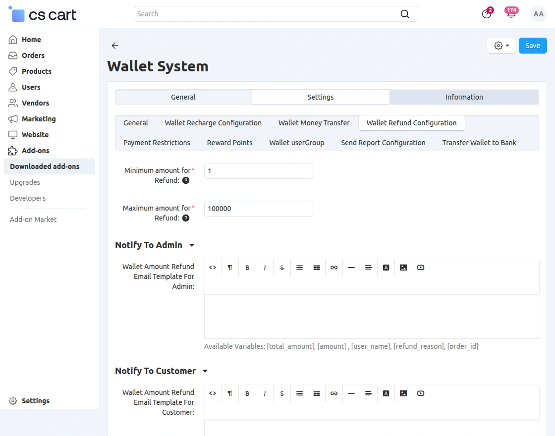 wallet refund configuration