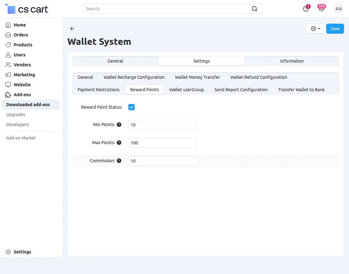 wallet reward points configuration