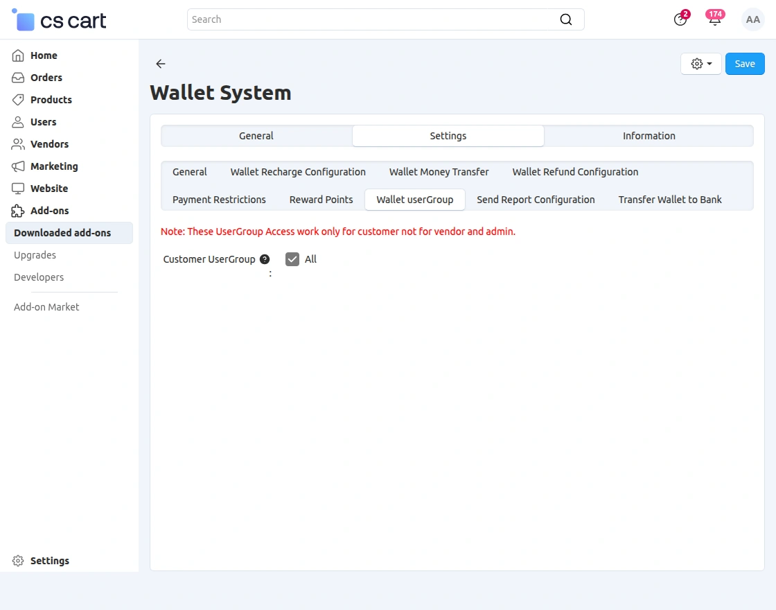 wallet user group configuration
