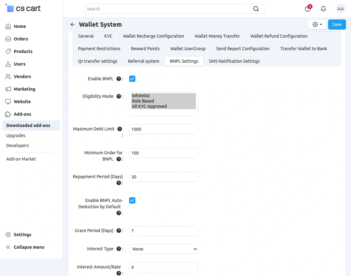 cs-cart-wallet-system-bnpl-settings