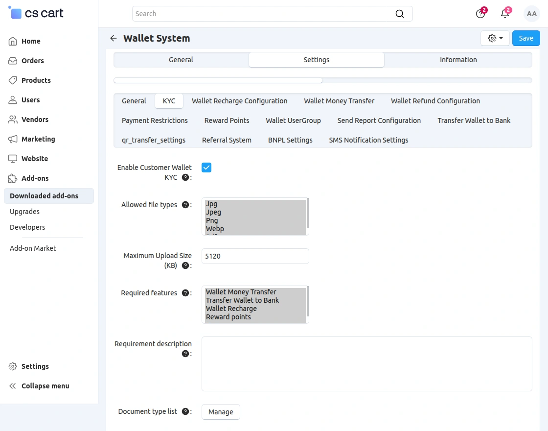 cs-cart-wallet-system-kyc-settings