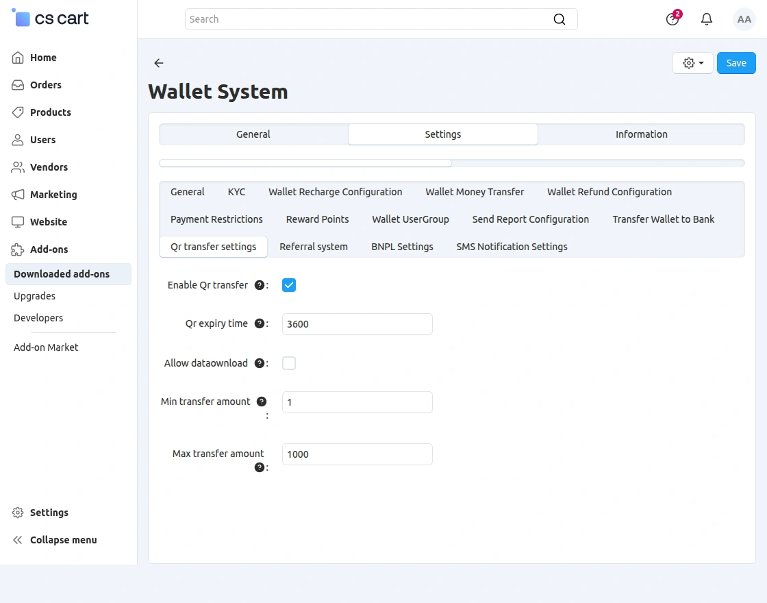 cs-cart-wallet-system-qr-transfer-settings