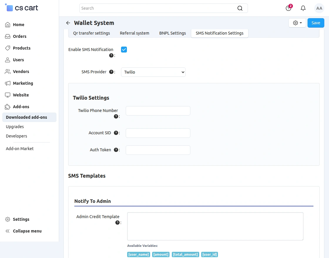 cs-cart-wallet-system-sms-notification-settings