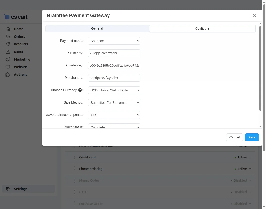 configure the payment method