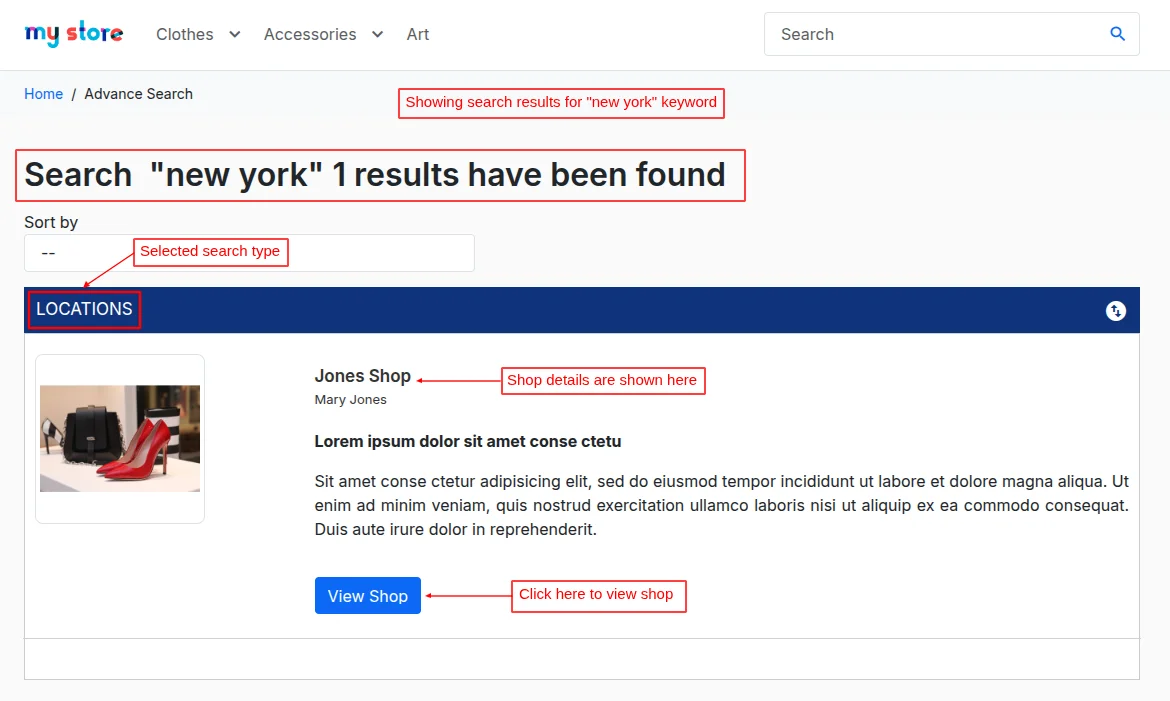 Locations type search results