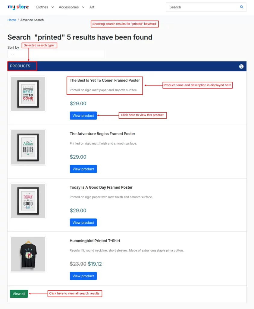 Product type search results