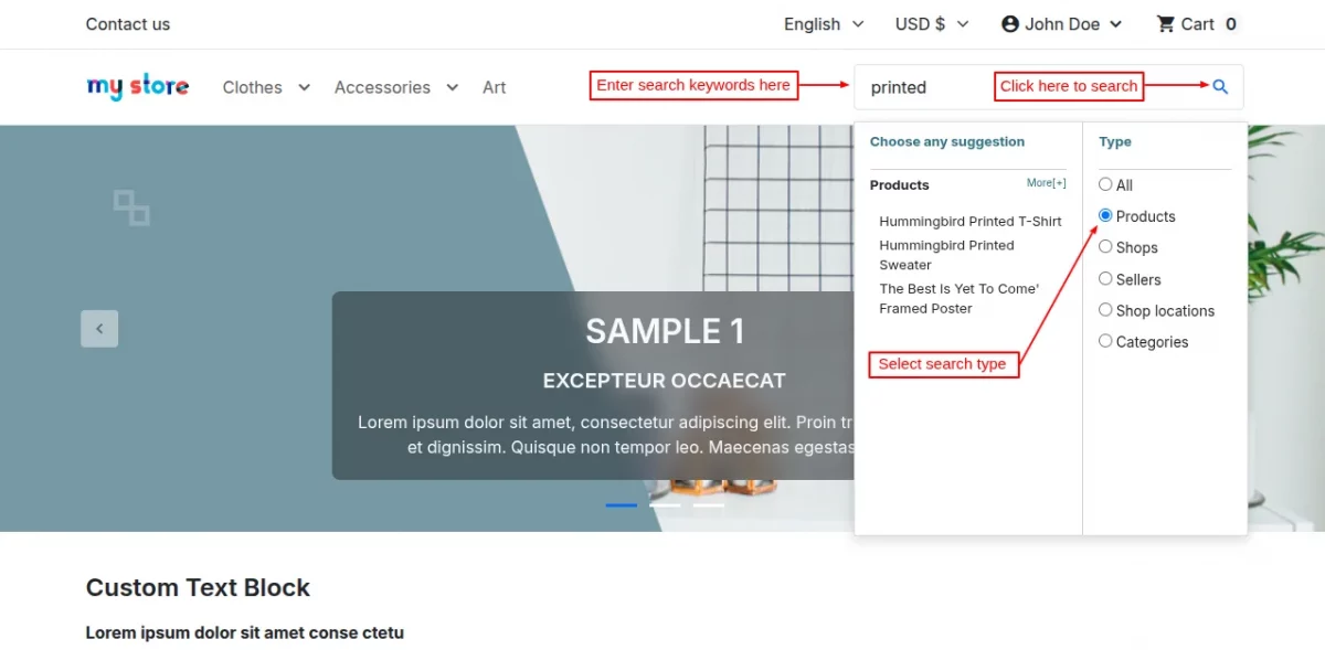 Select Search Type as Products