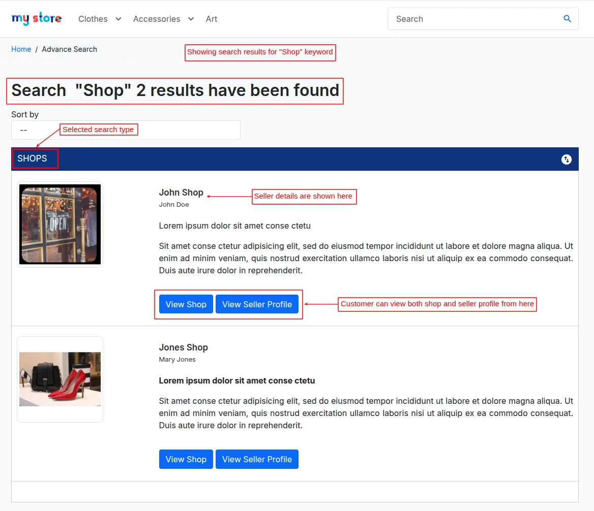 Shop type search results