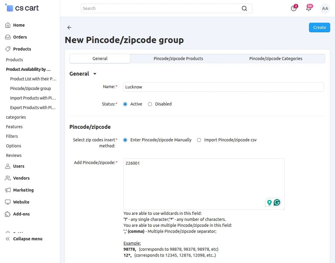 add products to pincode group