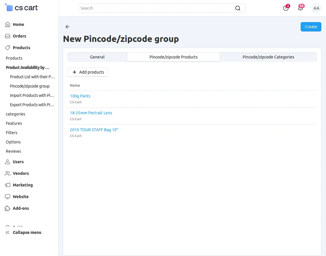 add products to the pincode group