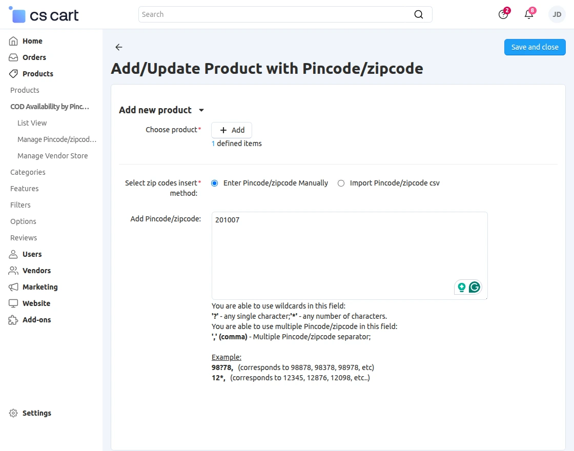 CS-Cart add products zipcode