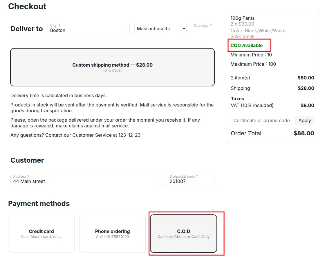 CS-Cart COD availability on the checkout page