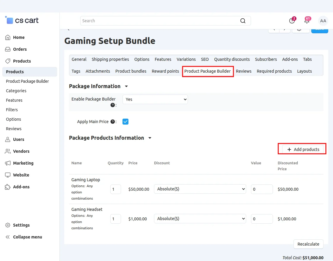 CS-Cart configure product package
