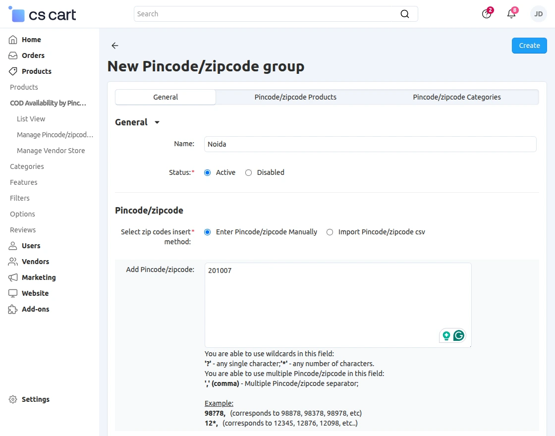 CS-Cart new pincode group