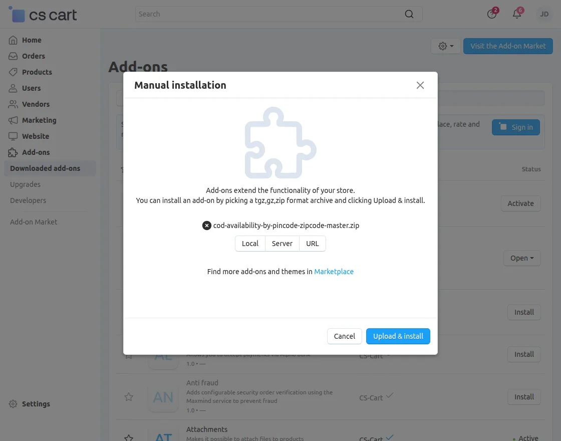 CS-Cart Product Availability By Pincode/Zipcode addon installation