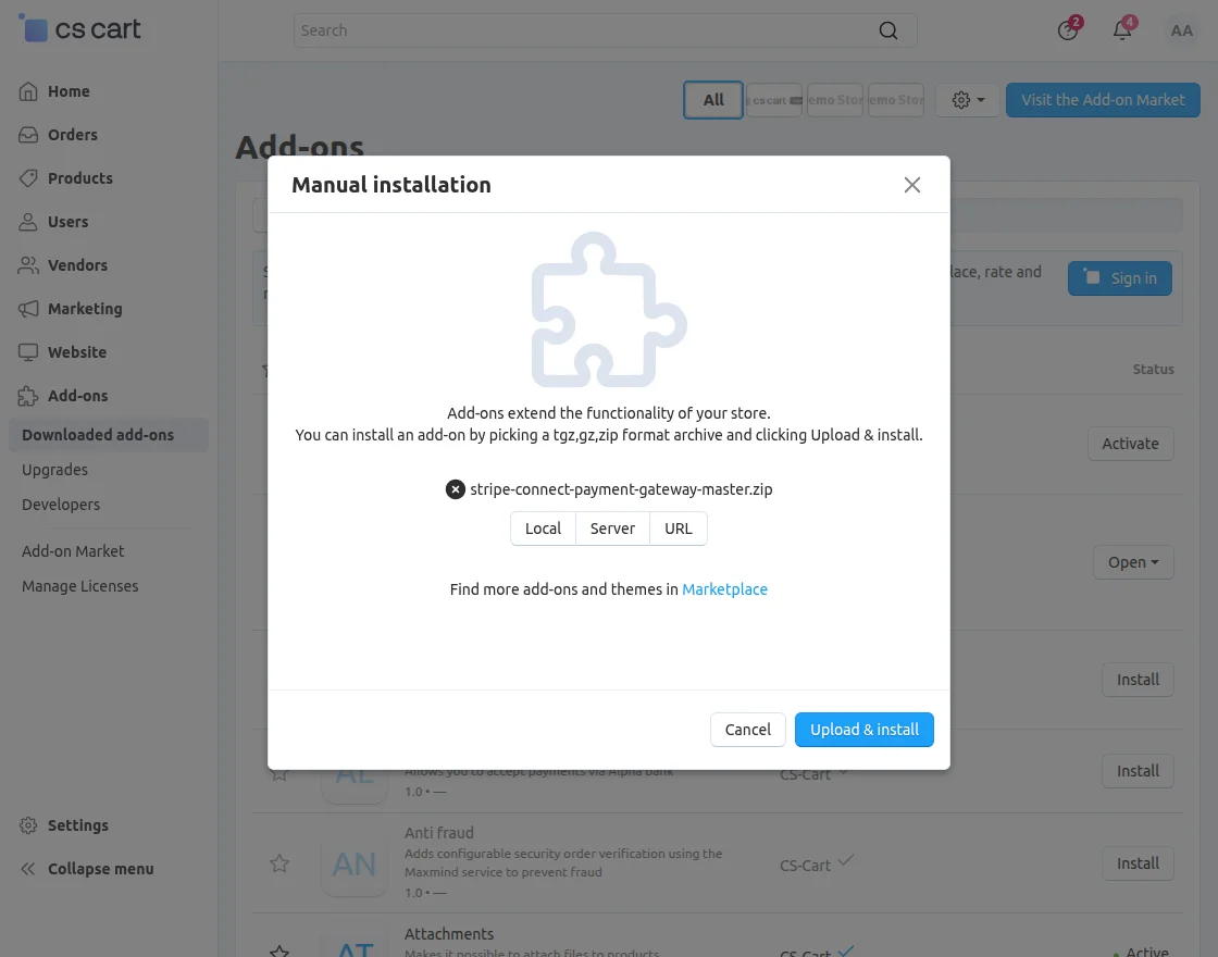 CS-Cart Stripe Connect Payment addon install