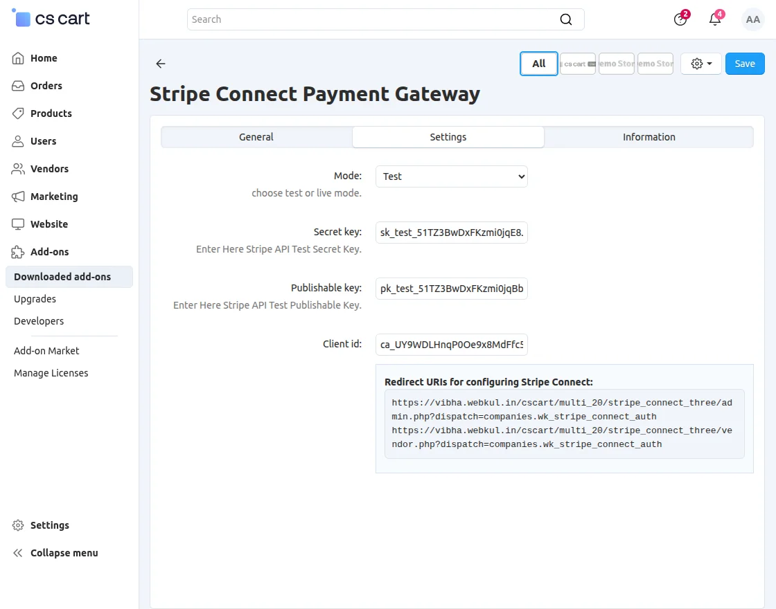 CS-Cart Stripe Connect Payment Gateway addon configuration