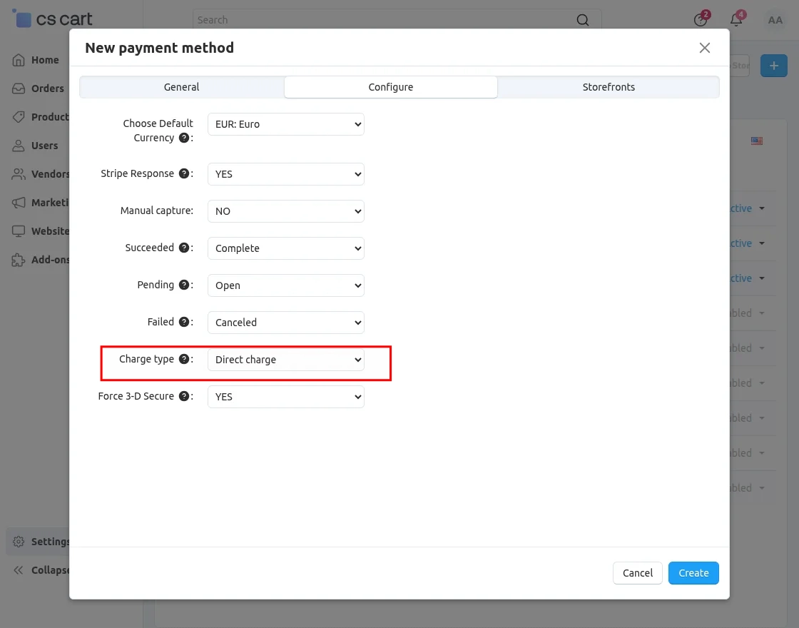 CS-Cart Stripe inline payment configuration