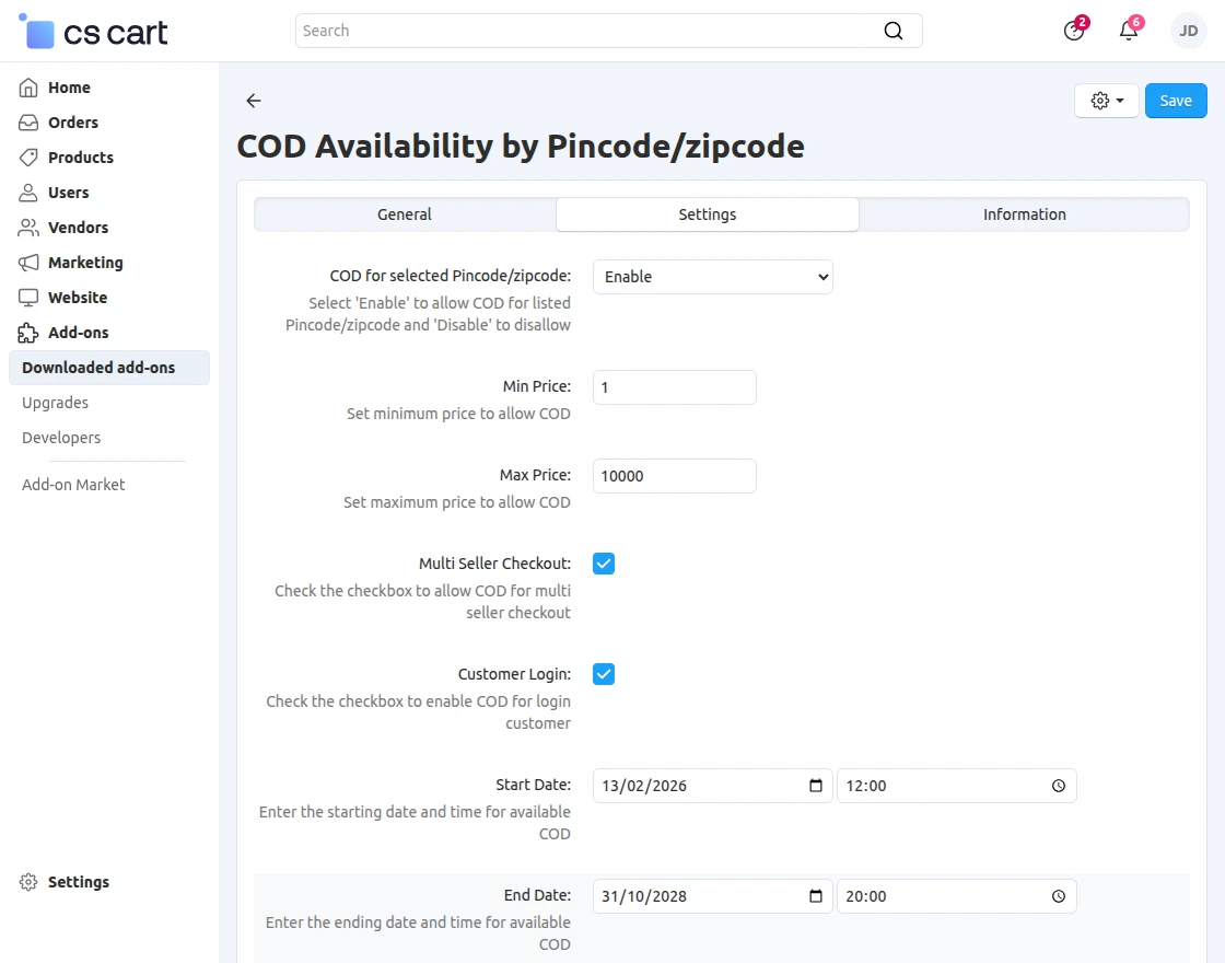 CS-Cart pincode configuration