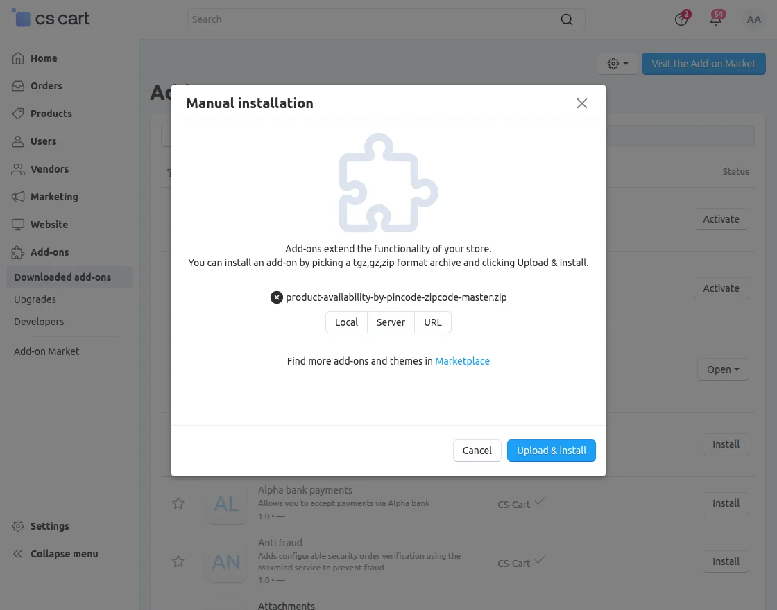 CS-Cart Product Availability By Pincode/Zipcode addon installation