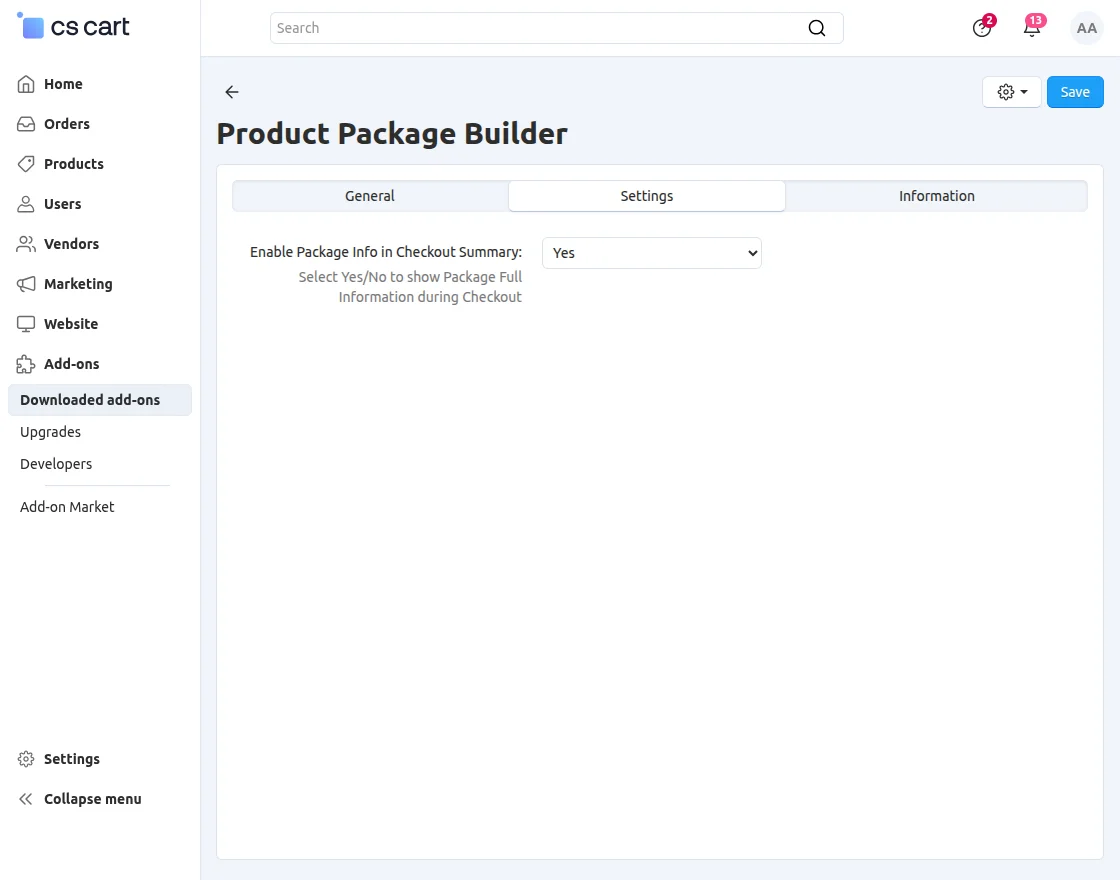 Product Package Addon Configuration