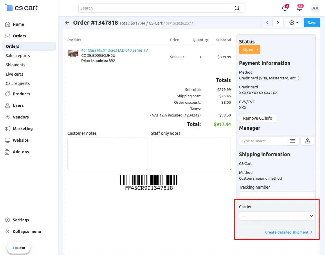 CS-Cart Create Shipment