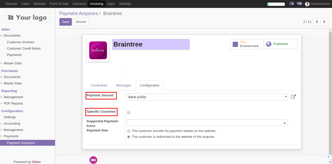 Configuring Braintree in Odoo 3