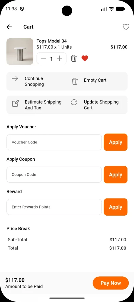 cart screen subtotal view