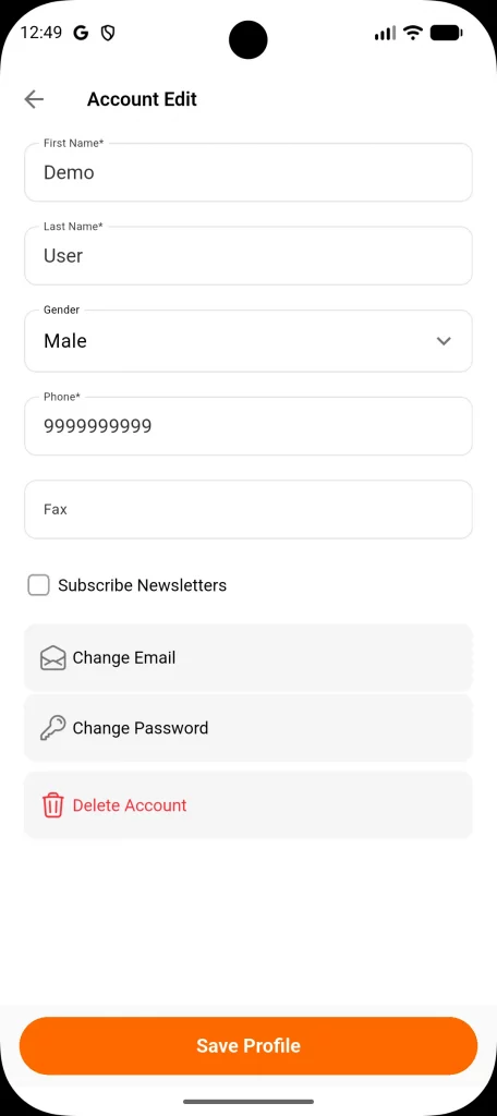 Account info screen