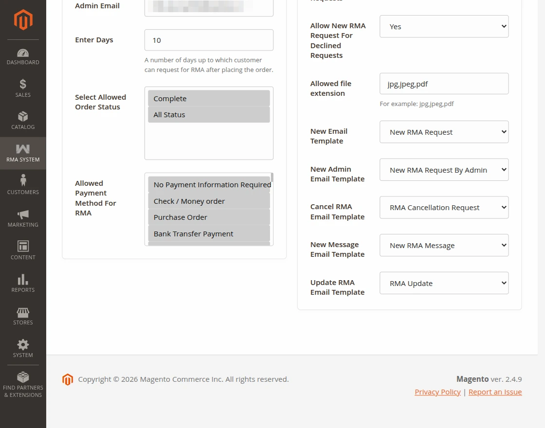 RMA Email configuration