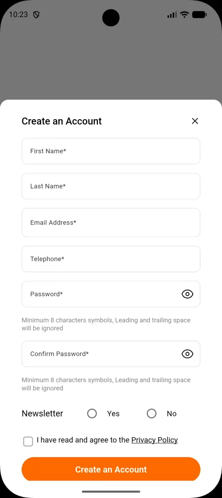 Create account screen
