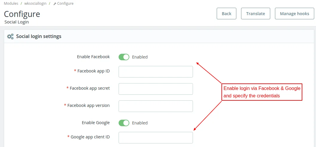 social login settings