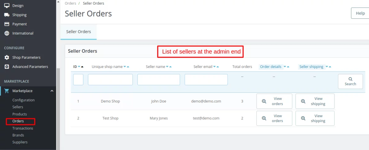 List of seller at the admin end