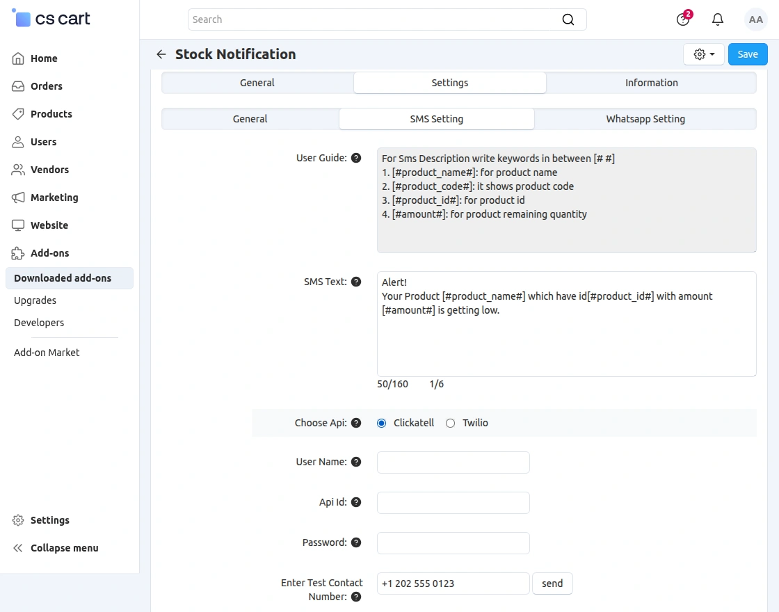 clickatell sms configuration