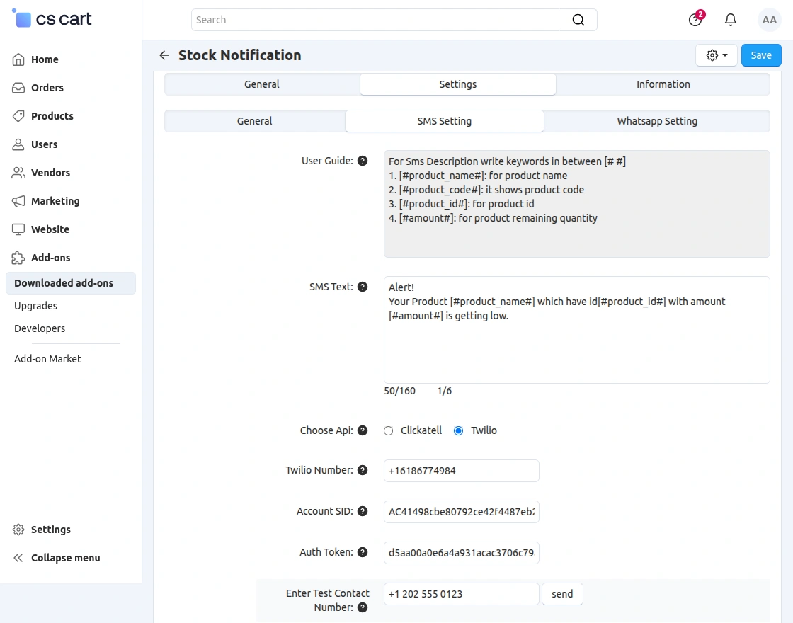 twilio sms congiguration