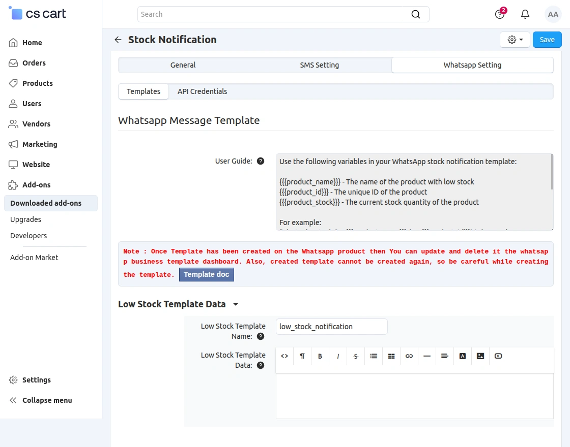 whatsapp template configuration