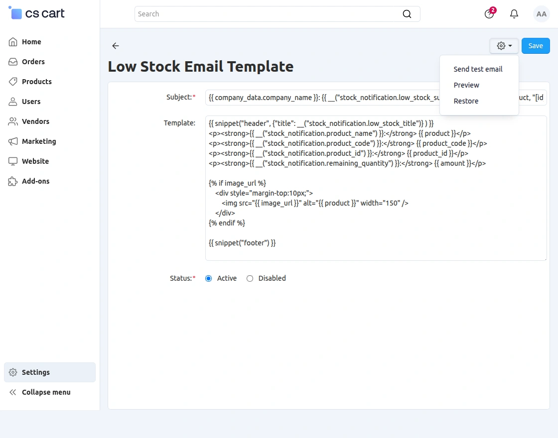 email template configuration