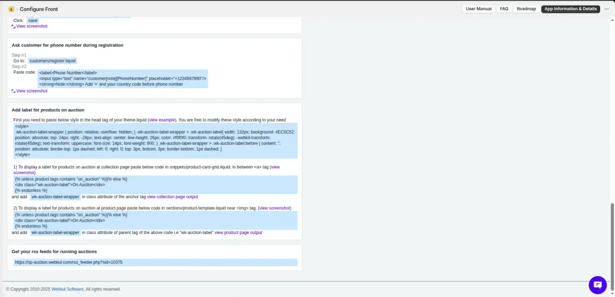 product auction frontend config
