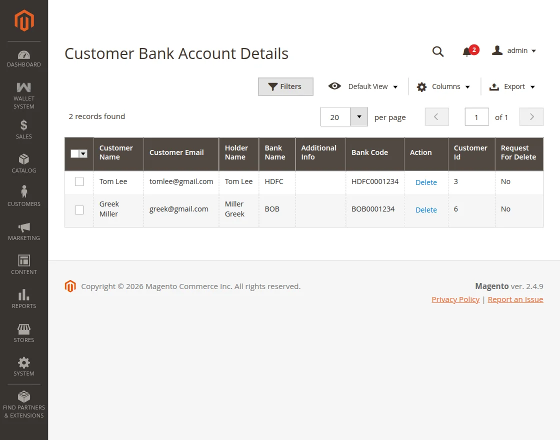Customer Bank Account Details