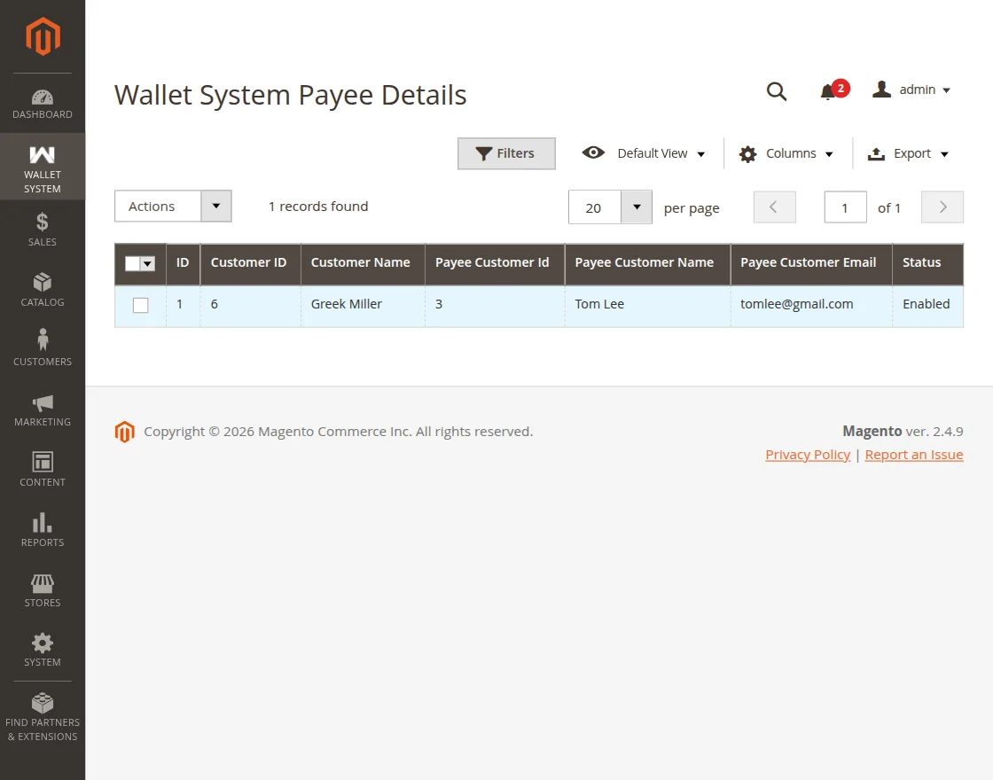 Wallet System Payee Details
