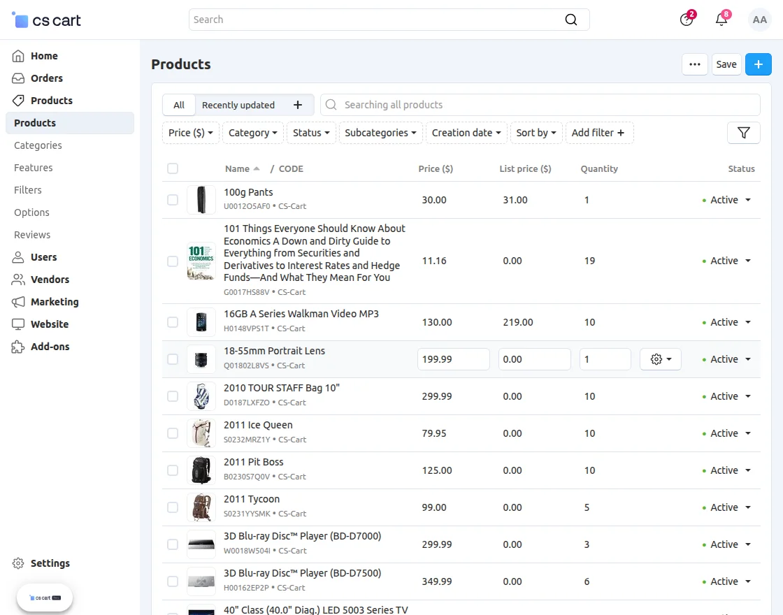 product list page