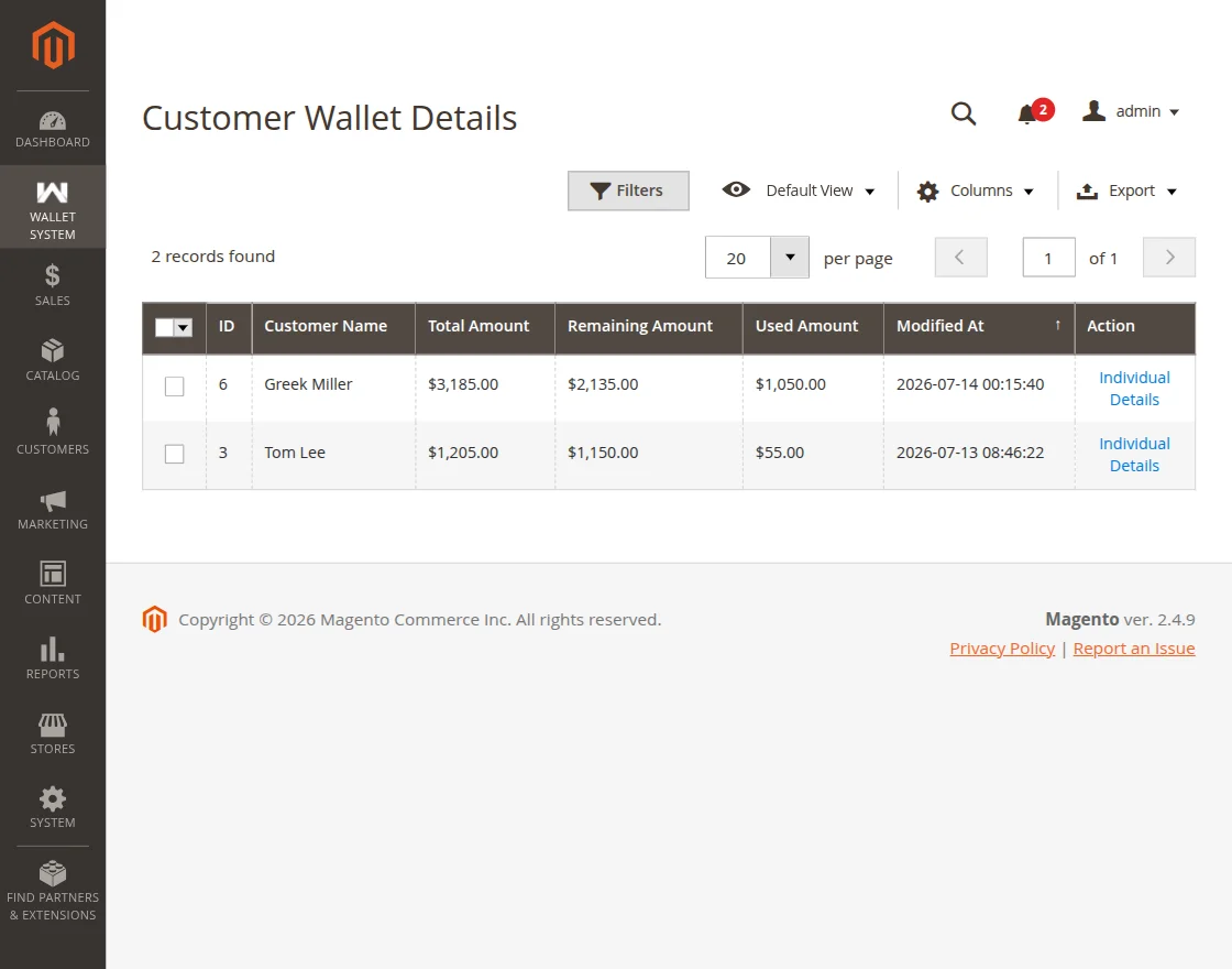 Customer Wallet Details
