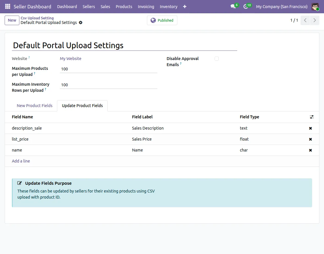 default upload settings - update product fields