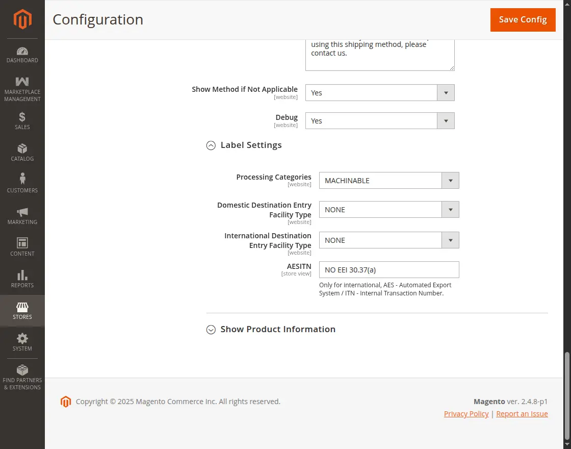 Shipping level configuration