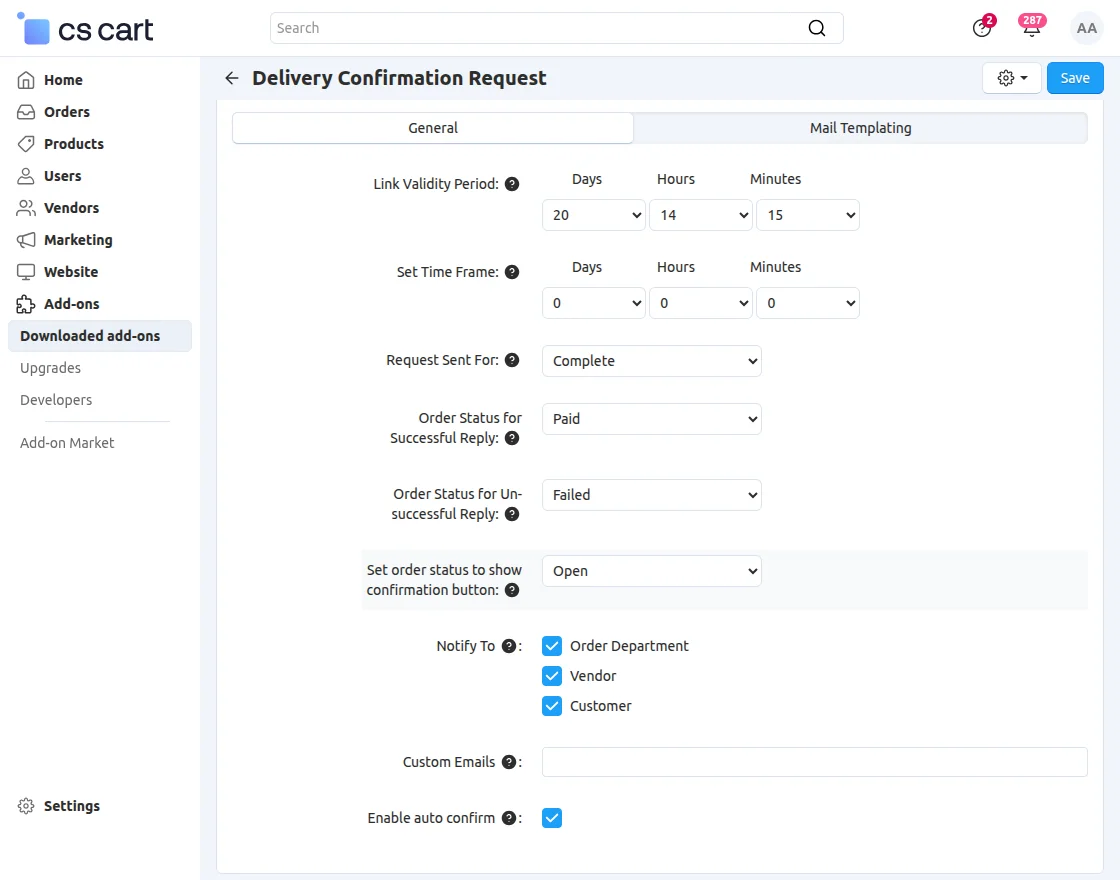 CS-Cart delivery confirmation
