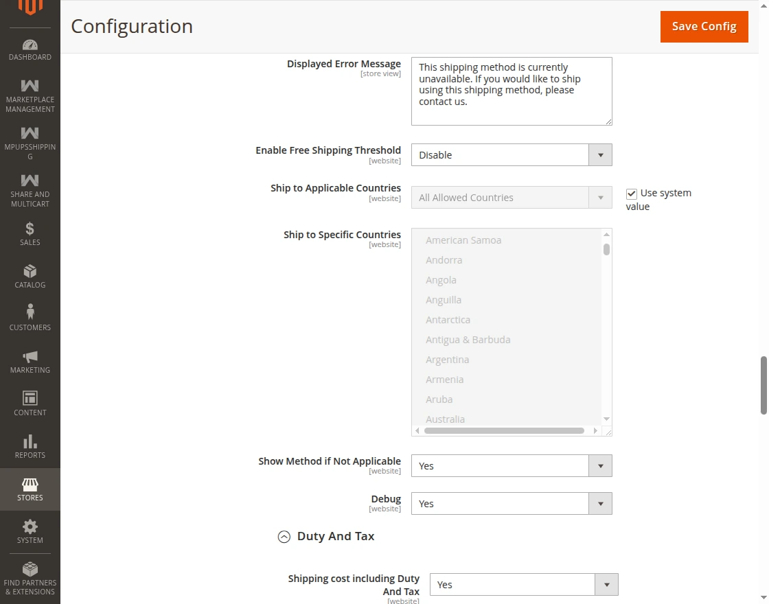 Admin dhl shipping config