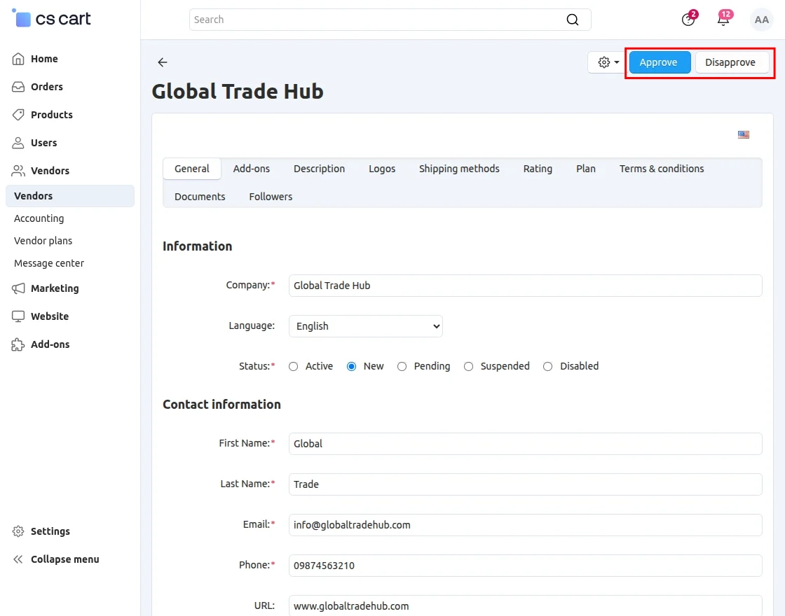 CS-Cart admin approves or disapproves vendor request